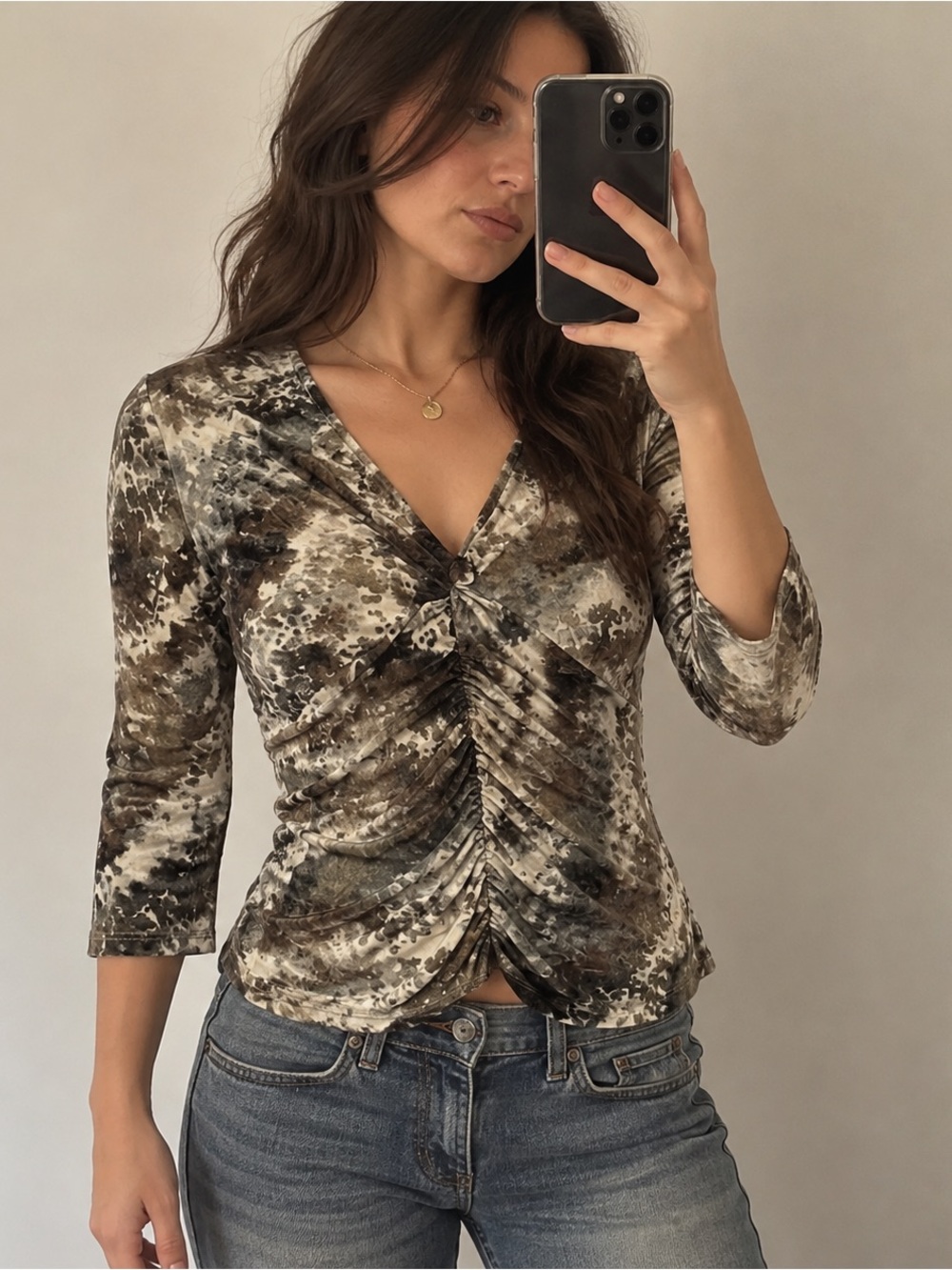 Y2K Abstract Ruched Twist Front Top Earth Tones Women Medium‎ Artsy Going Out